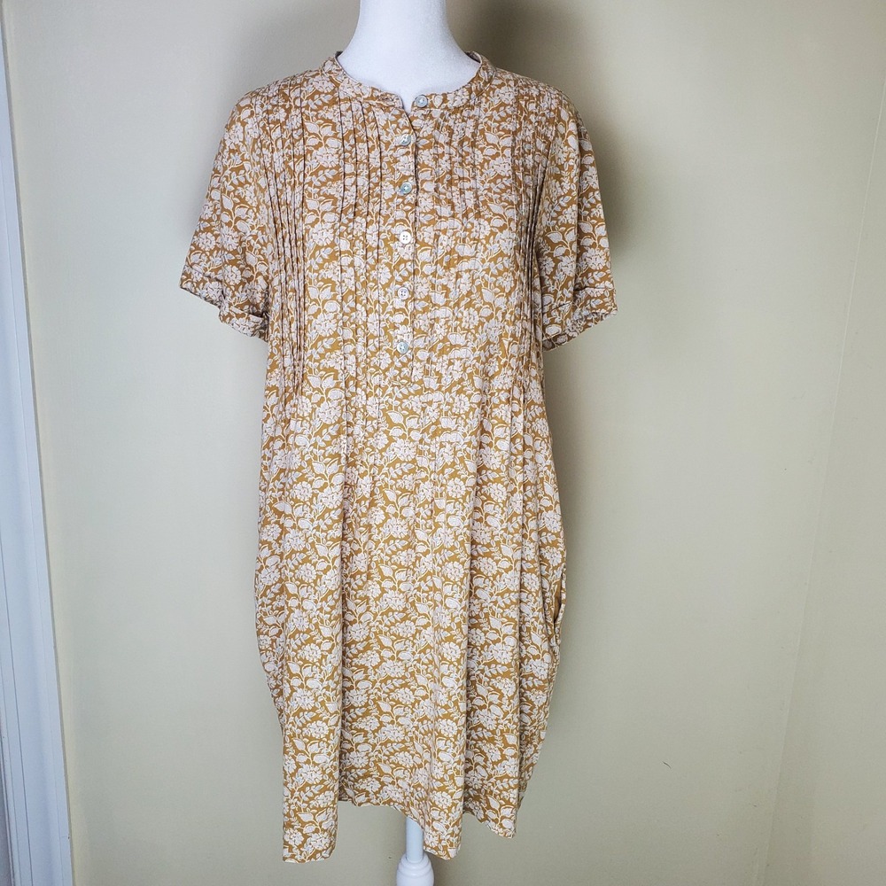 Faherty Hana Short Floral Dress Tan Small Linen Blend Prairie Cottagecore Pleats